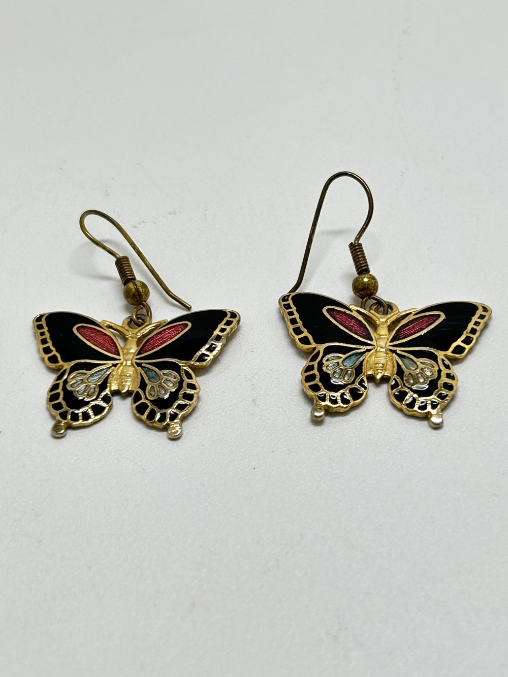 Vintage Cloisonne’ Butterfly Earrings, Gold, Black, Pink, Green, Wires